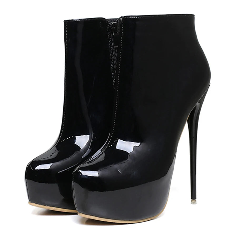 Big Size 35-47 Patent Leather Women Boots Round Toe Side Zipper Super High Heels 16CM Pumps 2025 Sexy Platform Party Shoes Woman