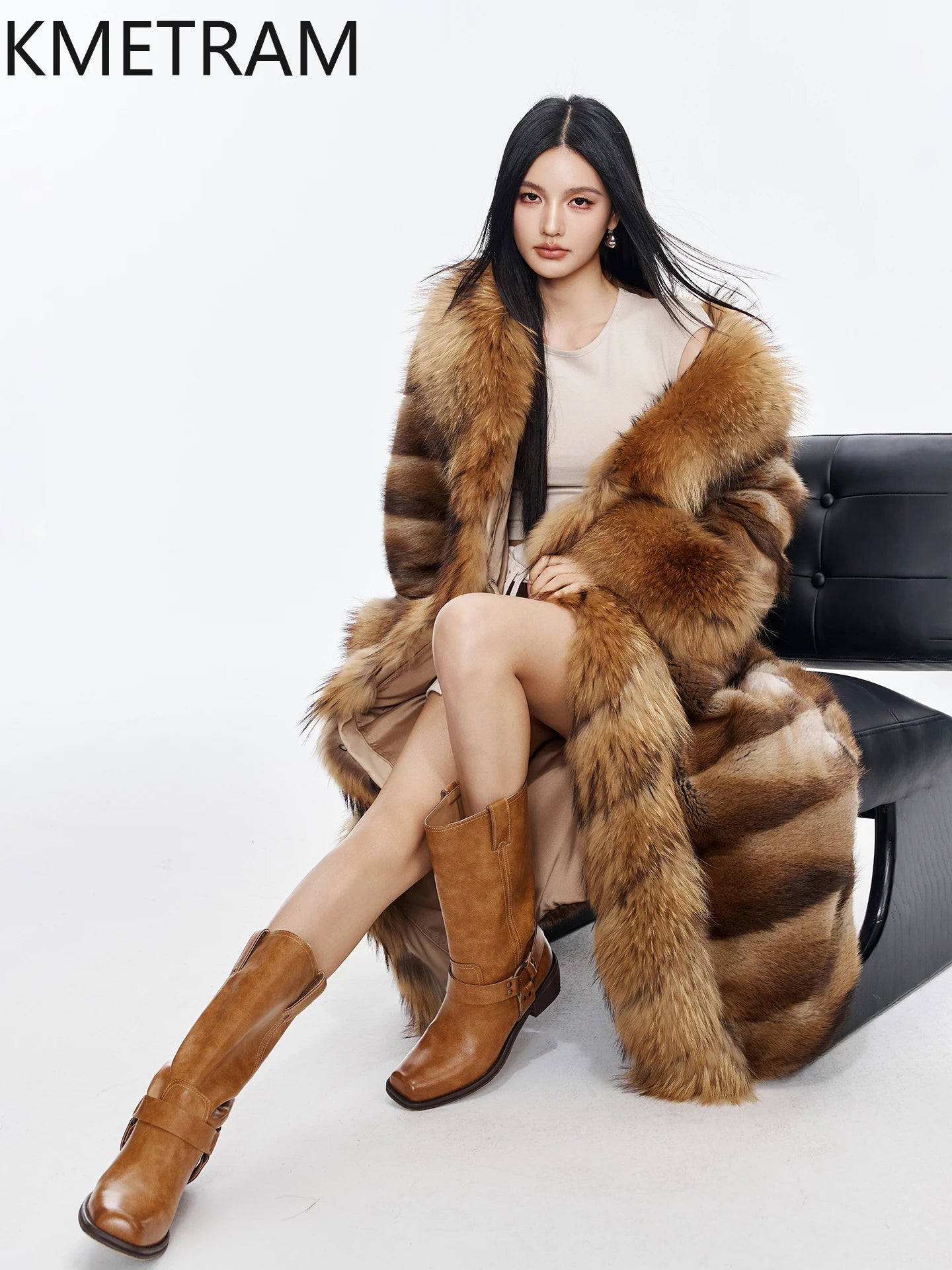 KMETRAM Natural Muskrat Fur Coat Woman Luxury Long Real Fur Jacket Raccoon Dog Fur Collar Winter Coats Women Clothing 2025 шуба