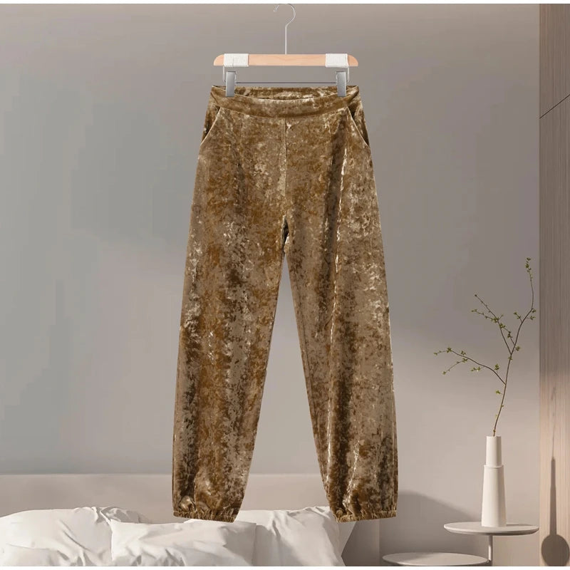 Fashion Velvet Print Lapel Belt Suit Pant Set Women Solid Lace Up Full Sleeve Blazer Wide Leg Cuffed Pants 2025 Autumn Lady Sets