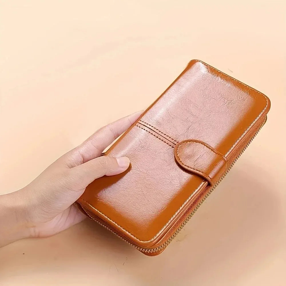 Women's Vintage Oil Wax PU Leather Clutch Wallet Female Large Capacity Phone Purse Ladies Wristband Simple Card Holder...