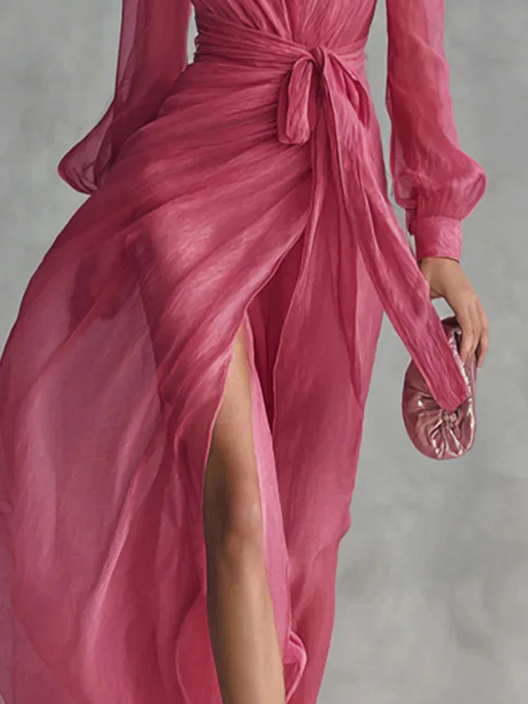 DFCF 2026 New Women Summer Fashion Solid Color V Neck Party Long Dresses Casual Elegant Long Sleeve Lace Up Split Maxi...