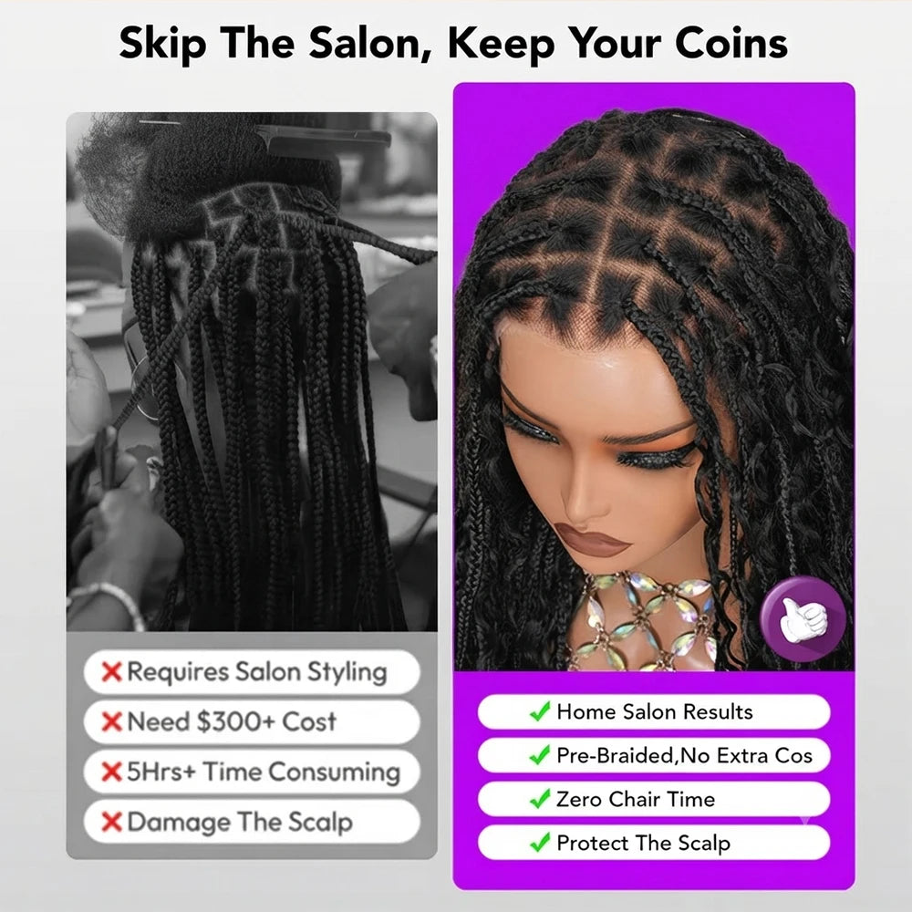 Knotless Boho Braids HD 13x6 Lace Frontal Human Hair Wig Braided Wigs Glueless Raw Human Hair Wigs Boho Braided Hair Wig
