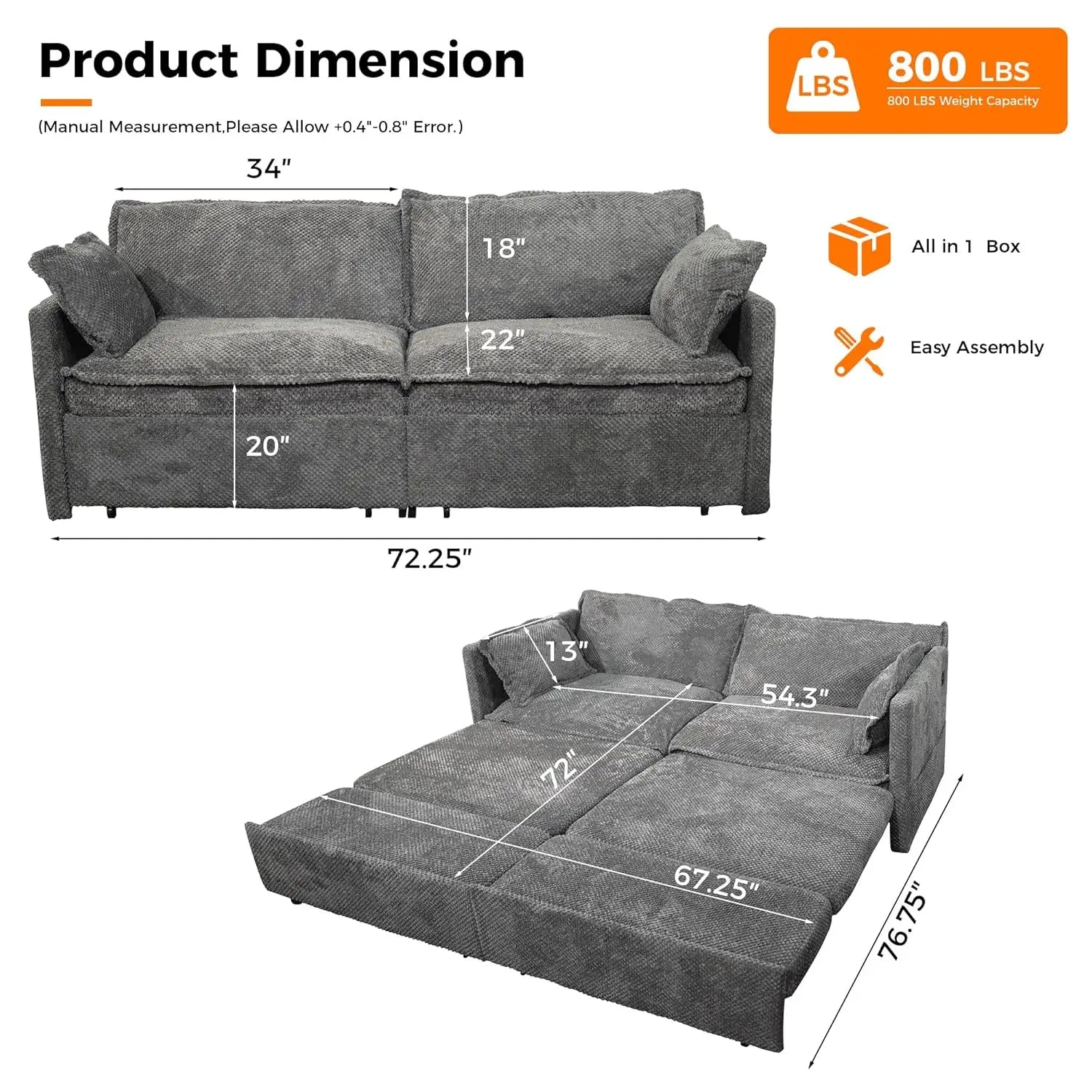 73in 3-in-1 Convertible Sofa Bed USB&C Ports Corduroy Sleeper with Side Pockets Living Room Bedroom Apartment Grey,...