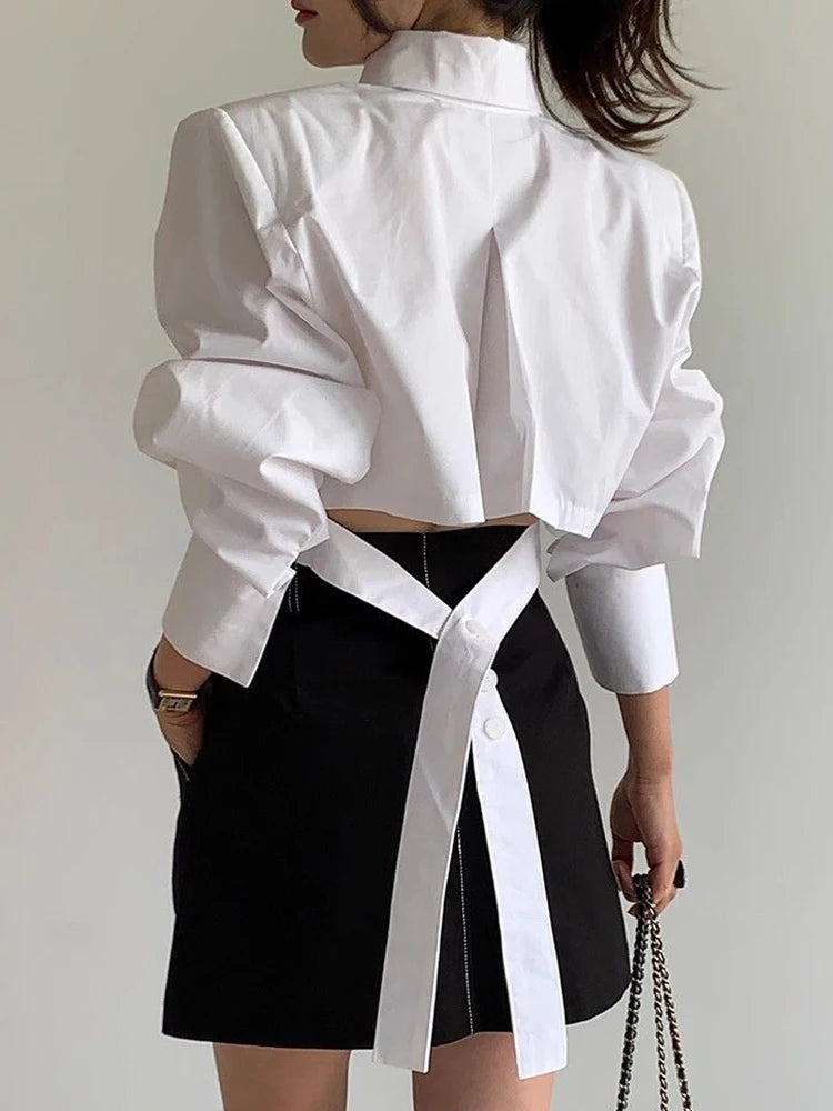 Zoki Korean Cropped White Shirts Women Back Lace Up Design Blouse Vintage Casual Long Sleeve Lady Elegant Hollow Out Spring Tops - Kimlud