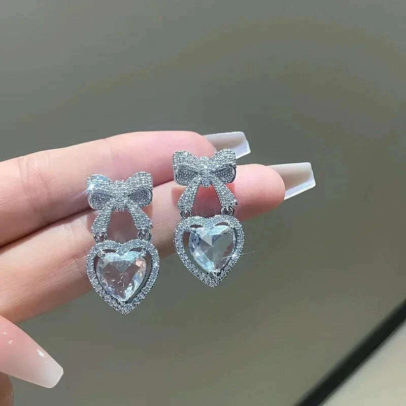 Exquisite Pink Heart Shape Bowknot Stud Earrings For Women Shining CZ Zircon Love Earring Girl Wedding Party Temperament Jewelry