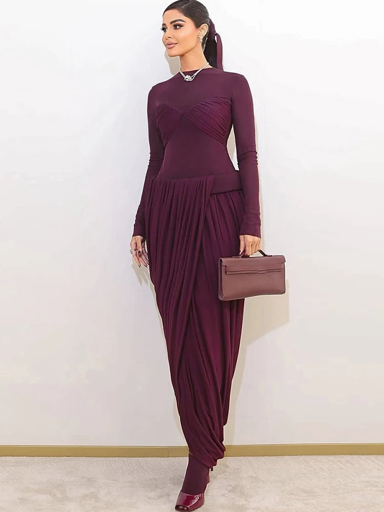 Nibber Splits Hem Dress Woman Mesh Patchwork o-Neck Full Sleeve Irregular Ruched Midnight Prom Party Elegant Skinny...