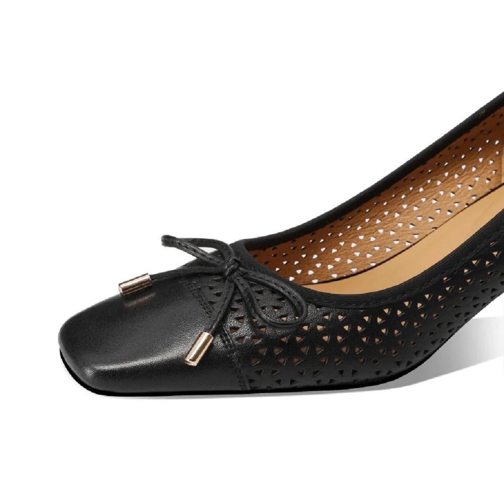 【JOCHEBED HU】New Fashion Hollow Out Women Pumps Square Toe Summer Shoes Chunky Heels Handmade Genuine Leather Shoes 33-43 - Kimlud