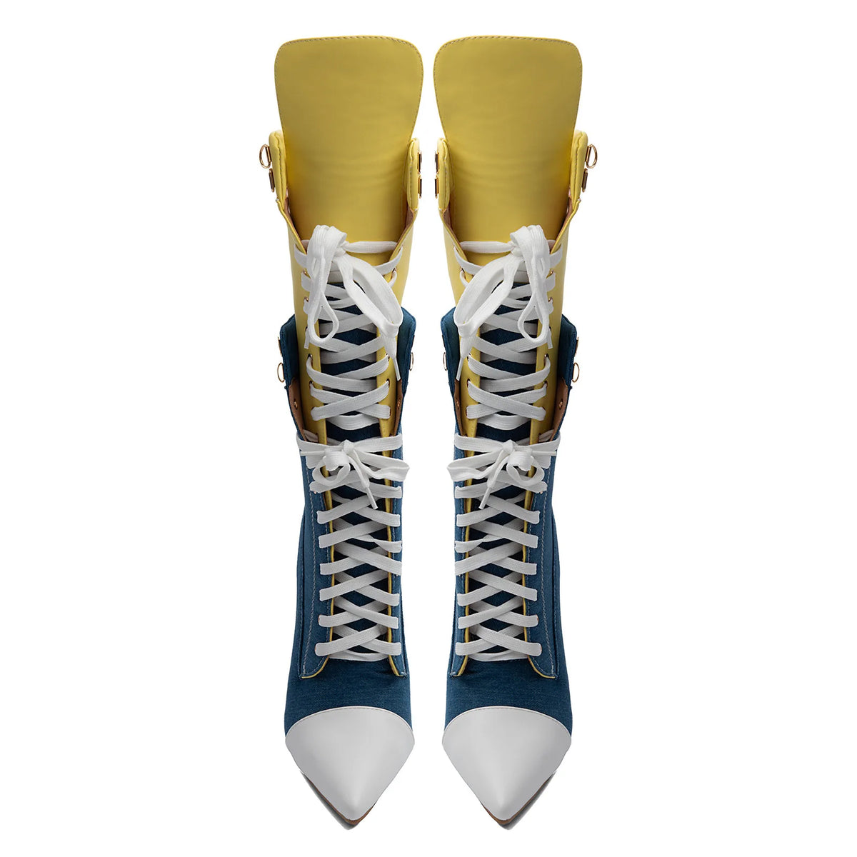 Color Block Denim Stiletto Mid Calf Boots Contrast White Toe Yellow Fold Over Cuff Front Lace Up Slim Heel Booties Women Punk