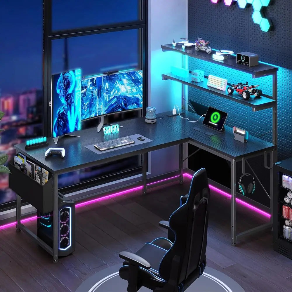 LED-lit 43.3 L-Shaped Gaming Desk with Power Outlet, Storage, and Hook for Home or Office | Kimlud Luxury Home