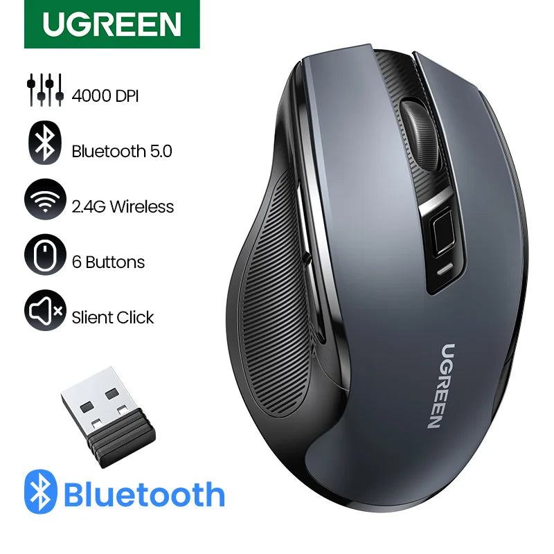 UGREEN Wireless Mouse Bluetooth5.0 Mouse Ergonomic 4000DPI 6 Mute Buttons Mouse For MacBook Tablet Laptops Computer PC 2.4G Mice - Kimlud