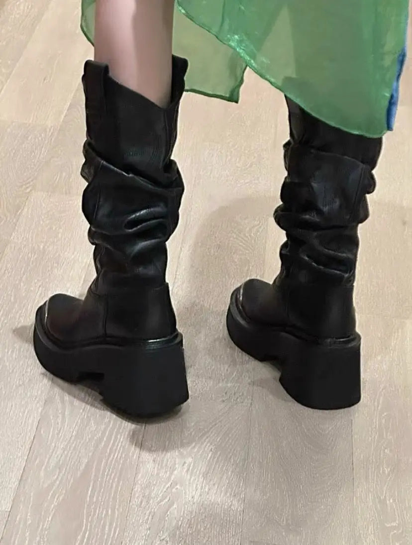 women heightened same thick-soled knight western cowboy 2026 temperament elastic stacking boots - Kimlud
