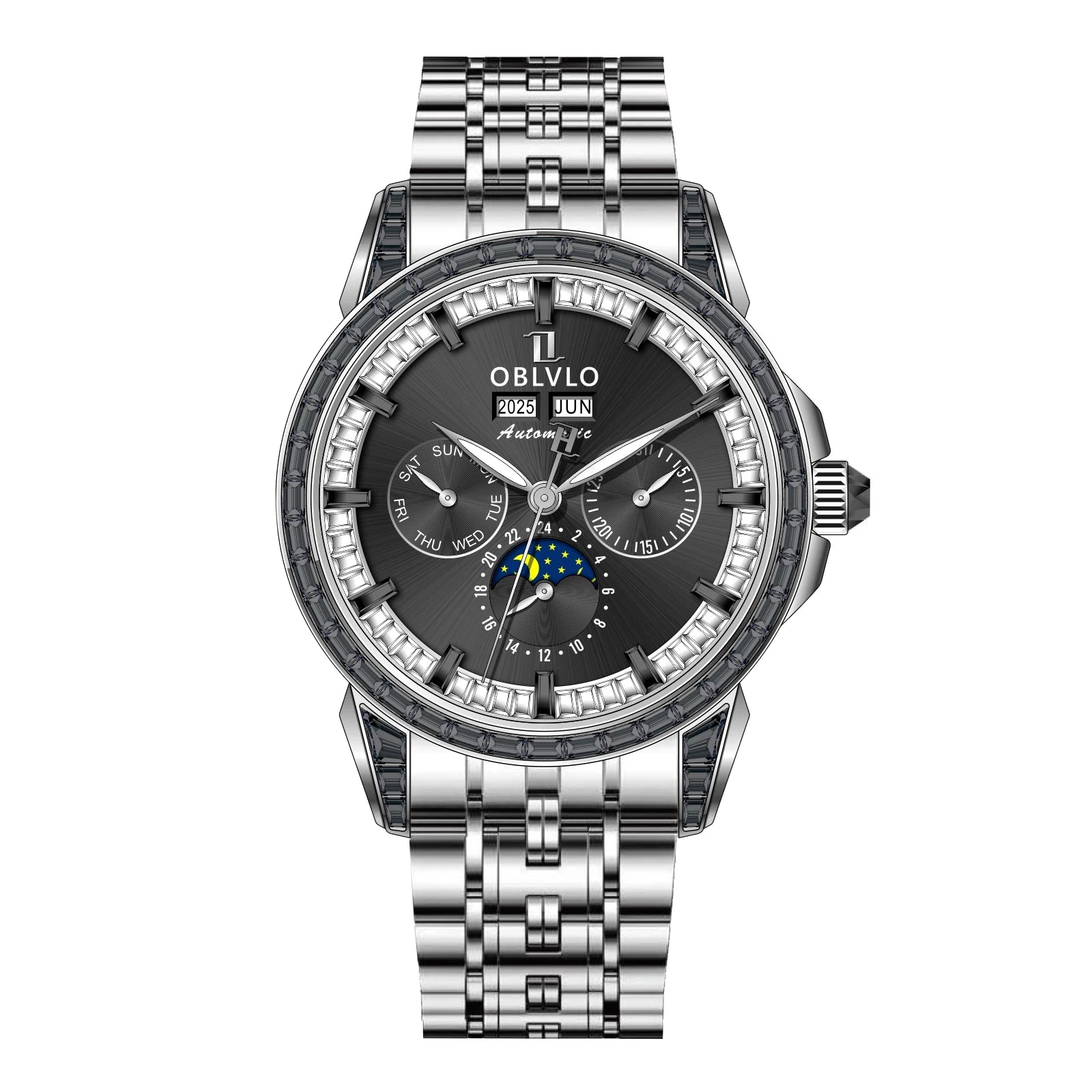 OBLVLO Men's Fashion Automatic Watch Colorful Zircon Moonphase Mechanical Multifunctional Black Leather Strap Timepiece...
