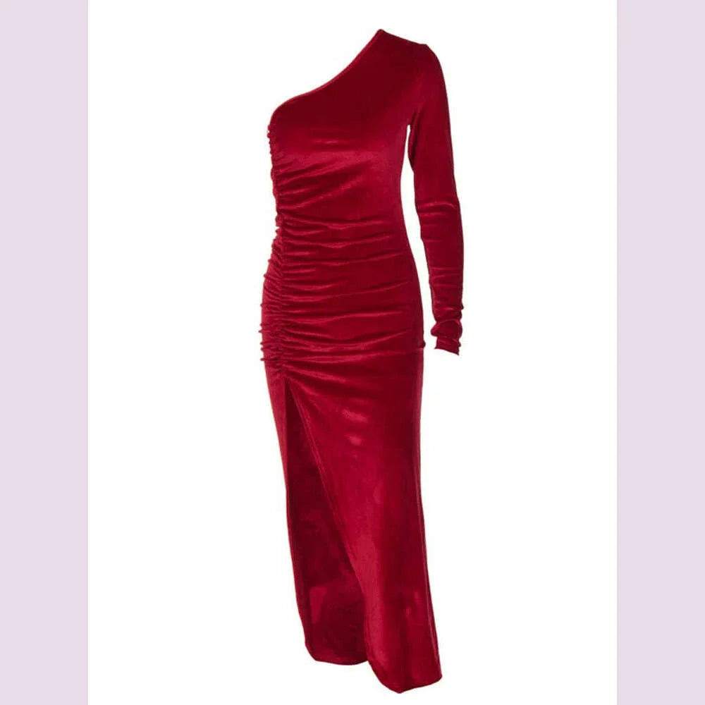 Women Elegant Long Sleeve Party Evening Velvet Bodycon Split Pencil Midi Dress Spring Autumn Clothes