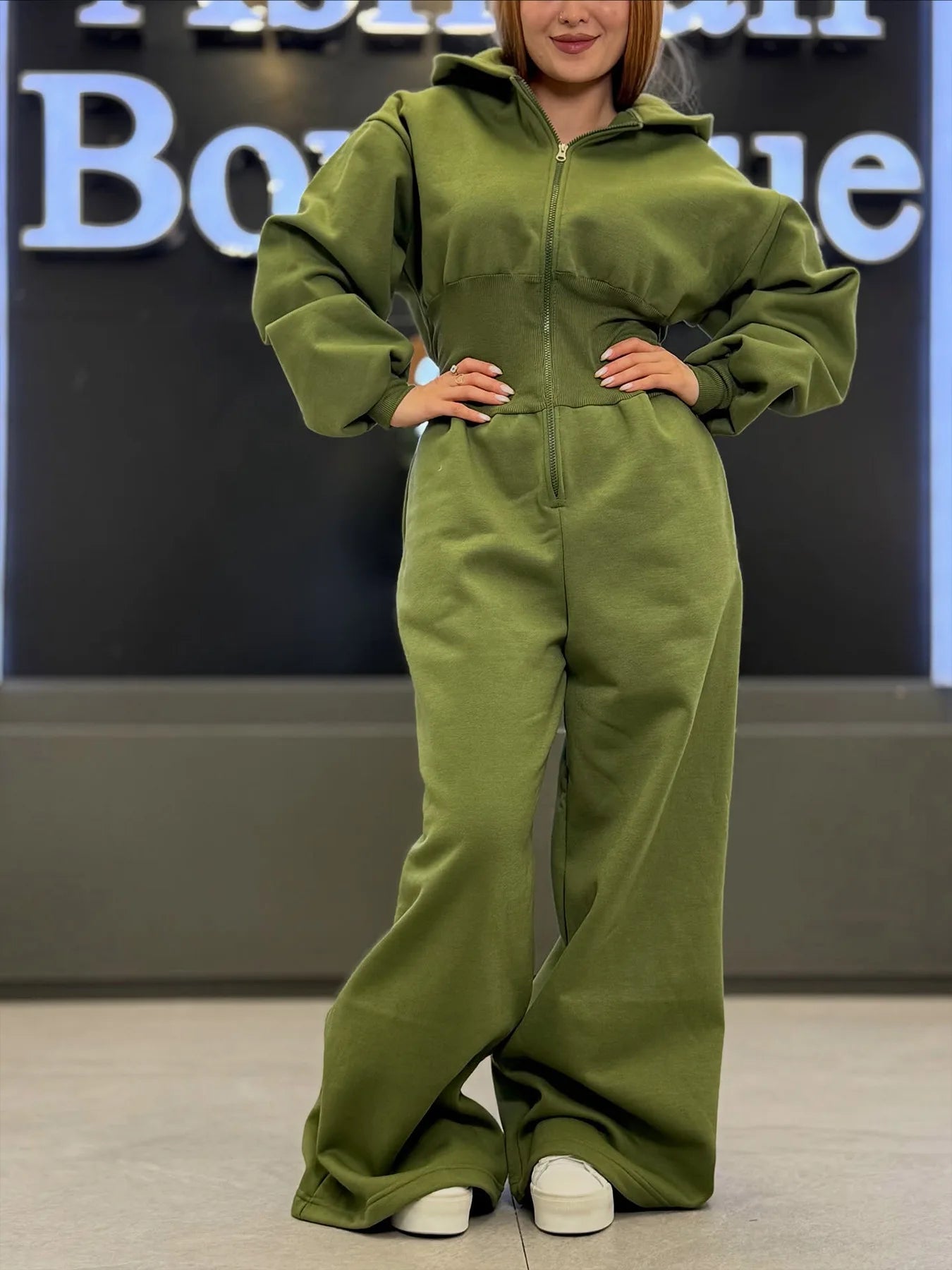 Women's Hooded Zipper Elastic Waist Jumpsuit Long Pants Sports Casual Solid Color Comfortable Casual Cross-Border Style