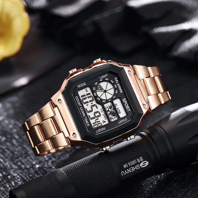 MAYZHISU Classic Men's Digital Watches Luxury Stainless Steel Strap Sport Watches Men Military Clock LED Sport Wristwatch - Kimlud