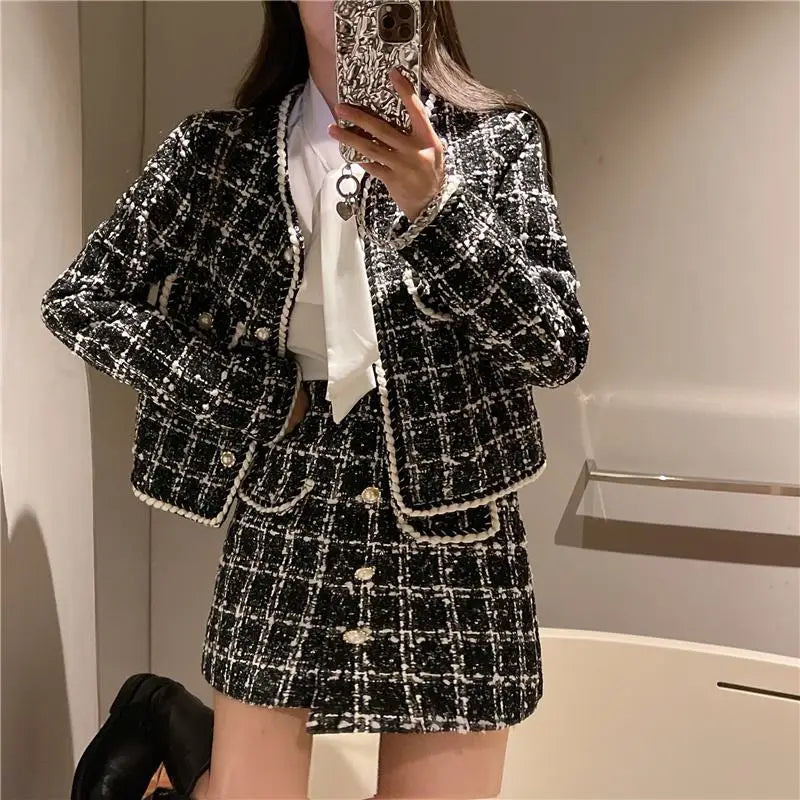 Formal Chic Houndstooth Plaid Set Skirt Women Spring Autumn New Fashion Loose Single-Breasted Plaid Jacket+Skirt Two-Piece Suit