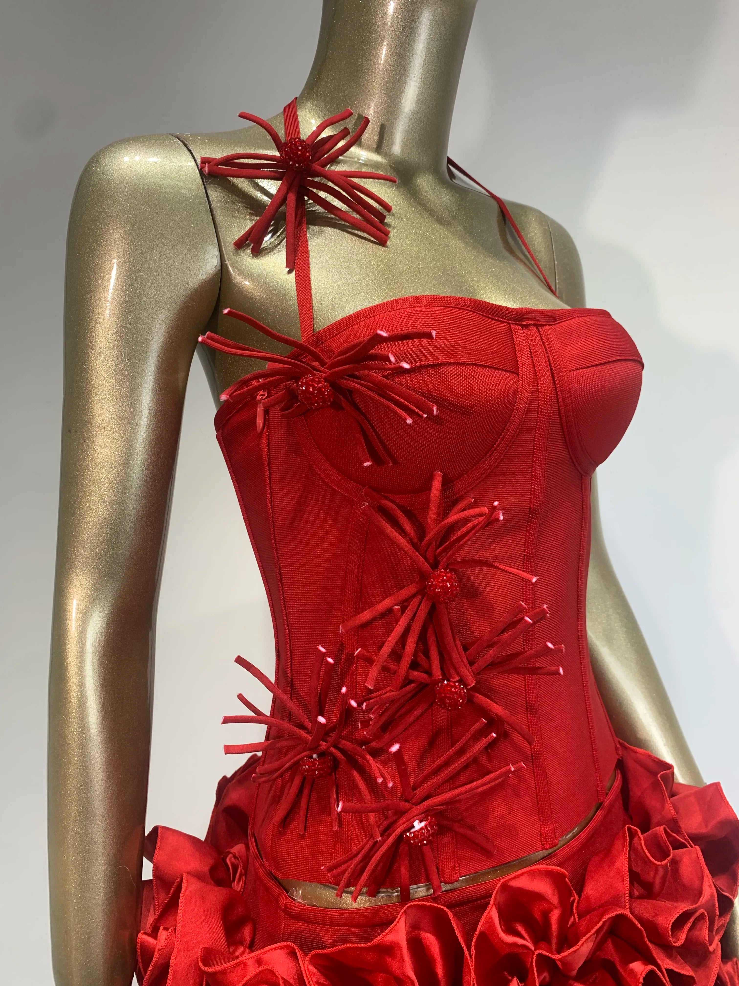 High End Fashion Women Red Bandage Outfit Halter Slash Neck Corset Top And Rose Mini Skirt Two Pieces Sets Evening Club Party