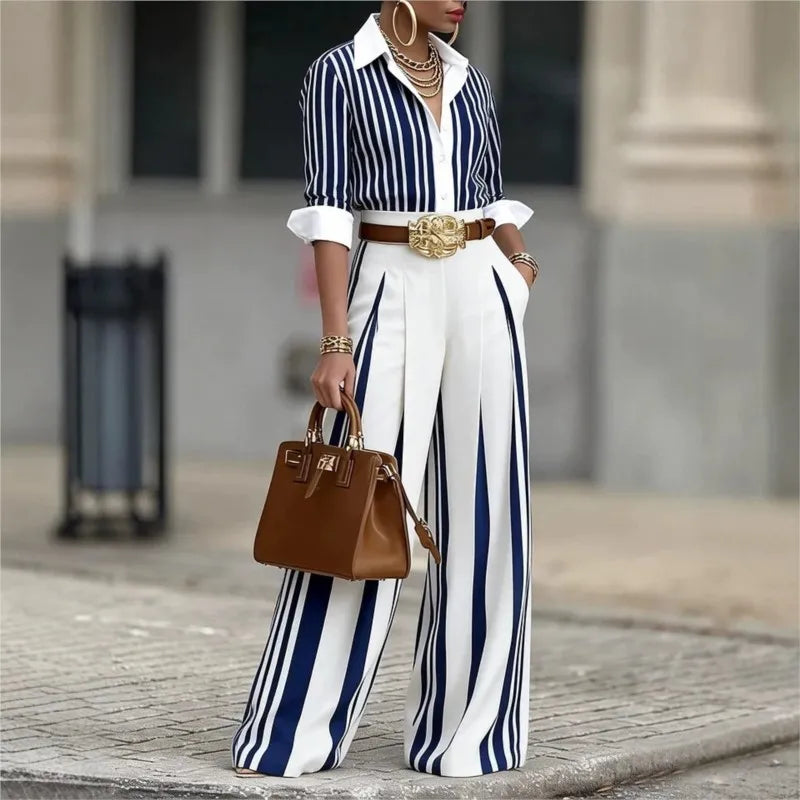 Women Fashion Striped Printed Shirt Two Piece Sets Autumn Lapel Single-Breasted Long Sleeve Shirt Top + Wide Leg Pants Outfit