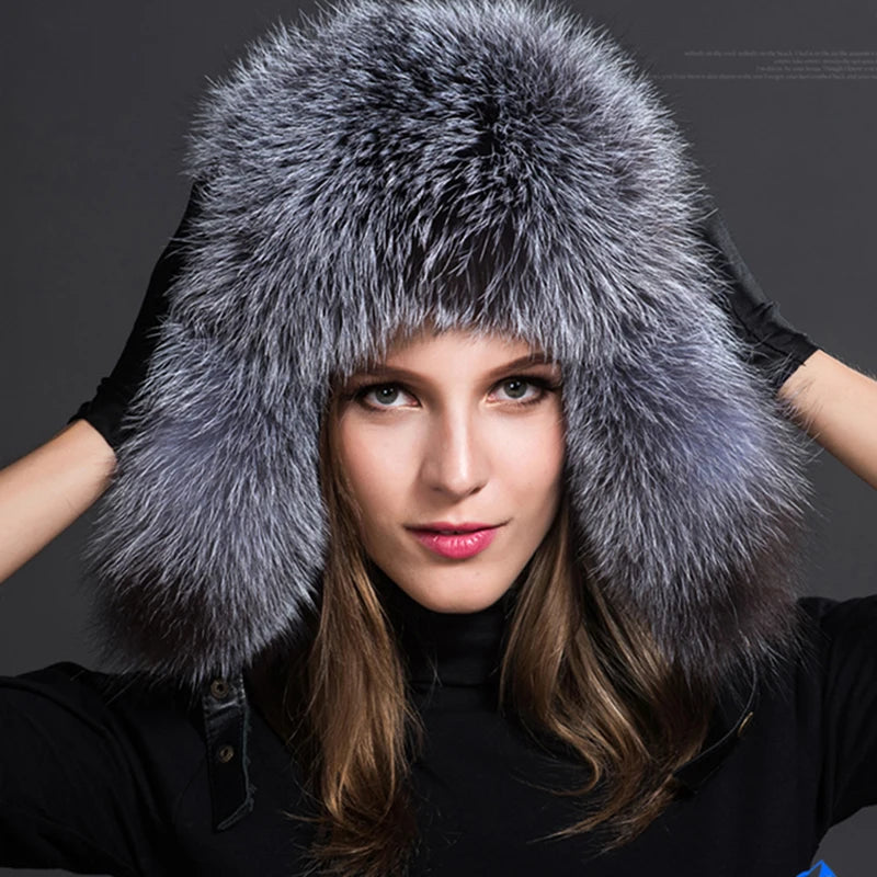 Women Natural Raccoon Fur Caps Ushanka Hats for Winter Thick Warm Ears Fashion Bomber Pom Pom Hat Lady Real Fox Fur Cap Pompon
