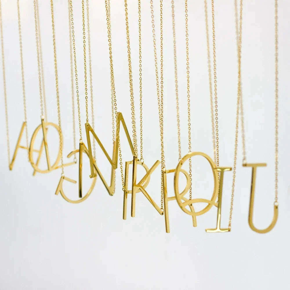 LUXUSTEEL Stainless Steel Large Initial Necklaces For Women Sideways Big 26 Letter A-Z Golden Color Monogram Alphabet Collar