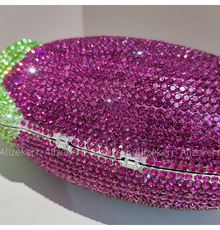 Alizekerr Eggplant Shaped Diamond Evening Bags Women Gorgeous Metallic Rhinestone Purses Ladies Unique Handbags Wedding Party - Kimlud