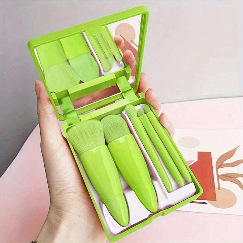 5Pcs Portable Makeup Brush Set With Mirror -  Foldable Travel Kit ,Mini Makeup Brush Set Travel Makeup Brush Set