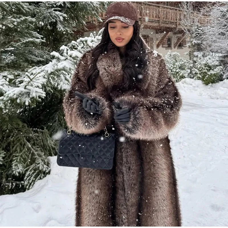Fashion Brown Faux Fur Overcoat Women Luxury Lapel Long Sleeve Fluffy Coat 2025 Winter Female Thicken Warm High Street Outwear