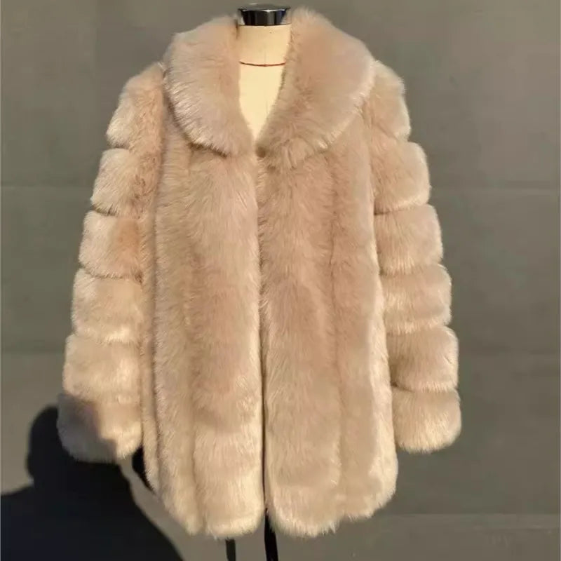 2025 Winter Women's Mid-Length Faux Fox Fur Coat Plush Luxe Warm faux fur Trench Elegant Thermal Outerwear Faux Fur Tops