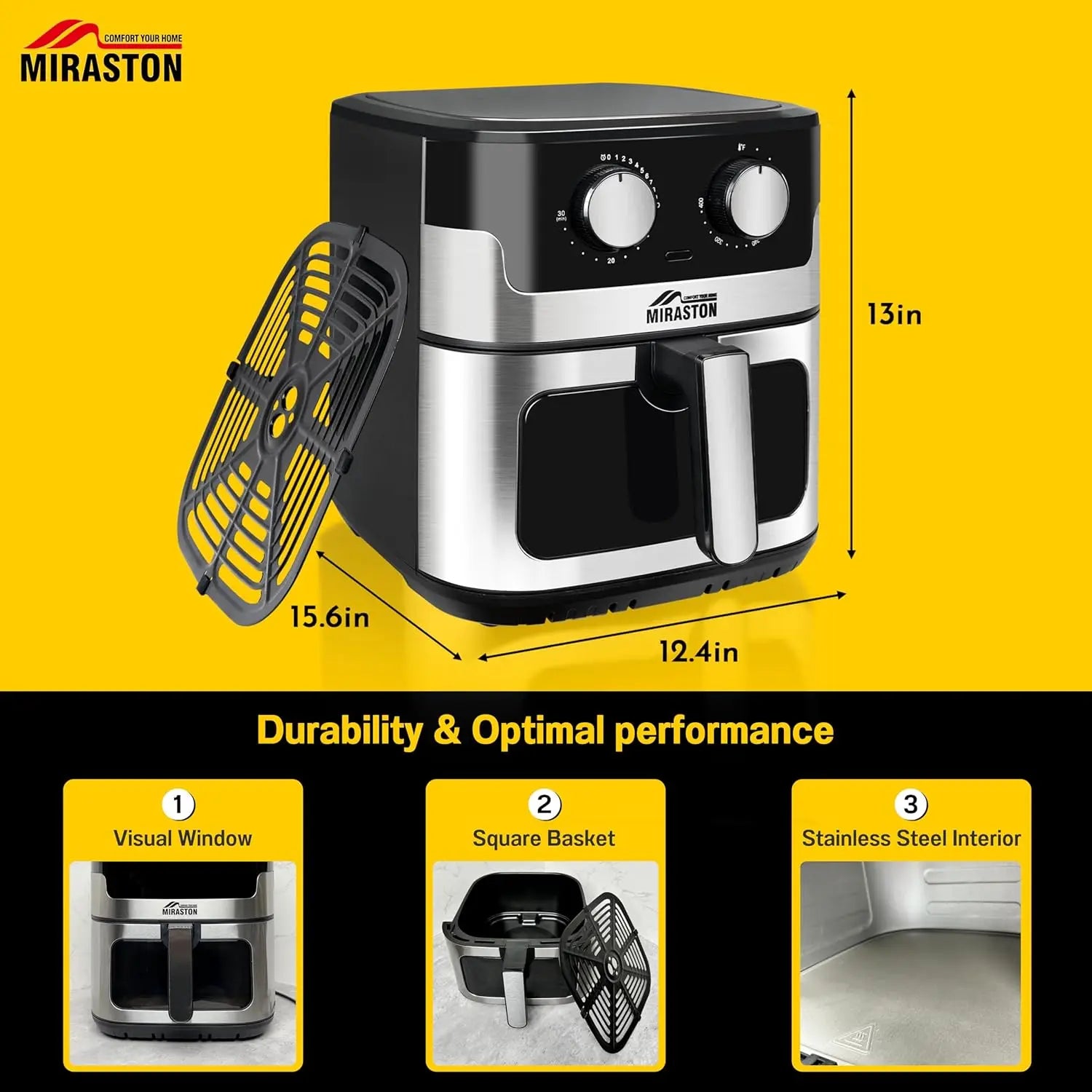 8.5QT Air Fryer, Upgraded Family Size Capacity, Visual Window, Square Basket Dials Stainless Steel Air Fryers, Reheat Leftovers,
