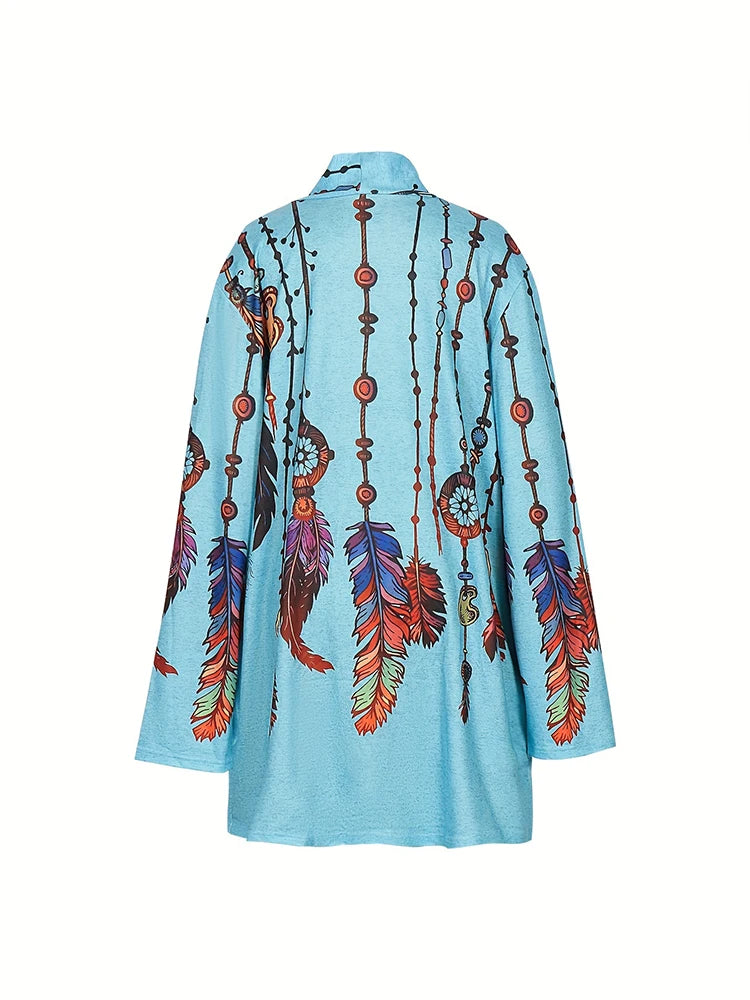 Plus Size 2024 Autumn New Women's Fashion Long Sleeve Retro Feather Print Jacket Cardigan Casual Loose