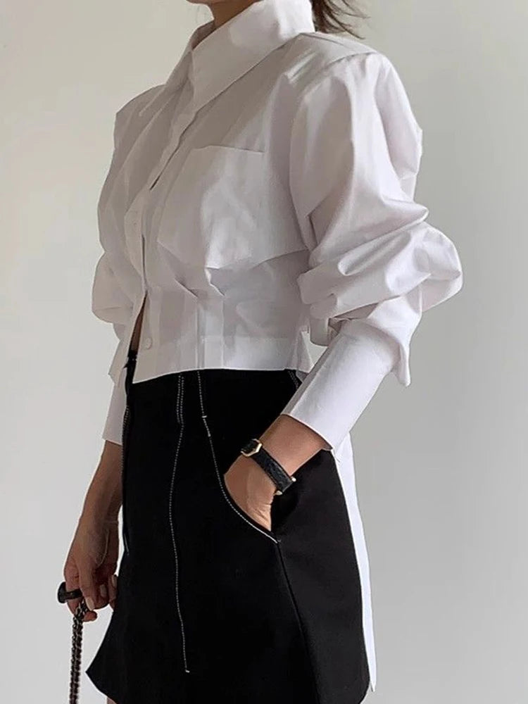 Zoki Korean Cropped White Shirts Women Back Lace Up Design Blouse Vintage Casual Long Sleeve Lady Elegant Hollow Out Spring Tops - Kimlud