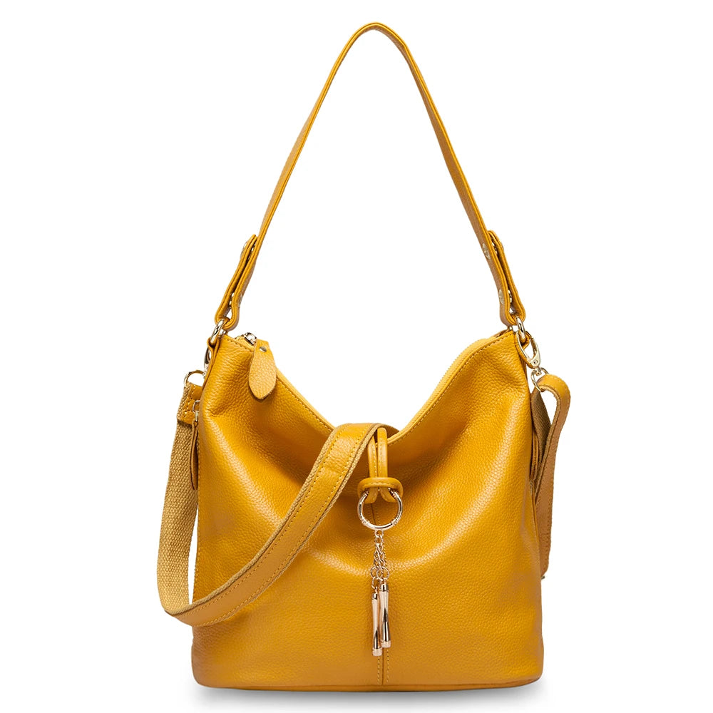 Zency Elegant Women Red Leather Handbag 100% Genuine Leather Lady Hobo Bag Charming Ring Medium Shoulder Bag Bright Yellow Bags - Kimlud