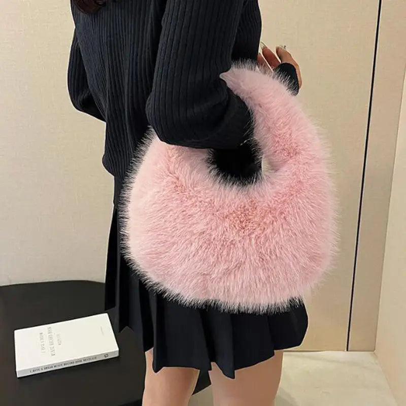 Winter Soft Plush Half Moon Bag Faux Fur Party Clutch Bag Lady Handbags Fluffy Female Winter Purse Casual Tote Bag 1-5PCS