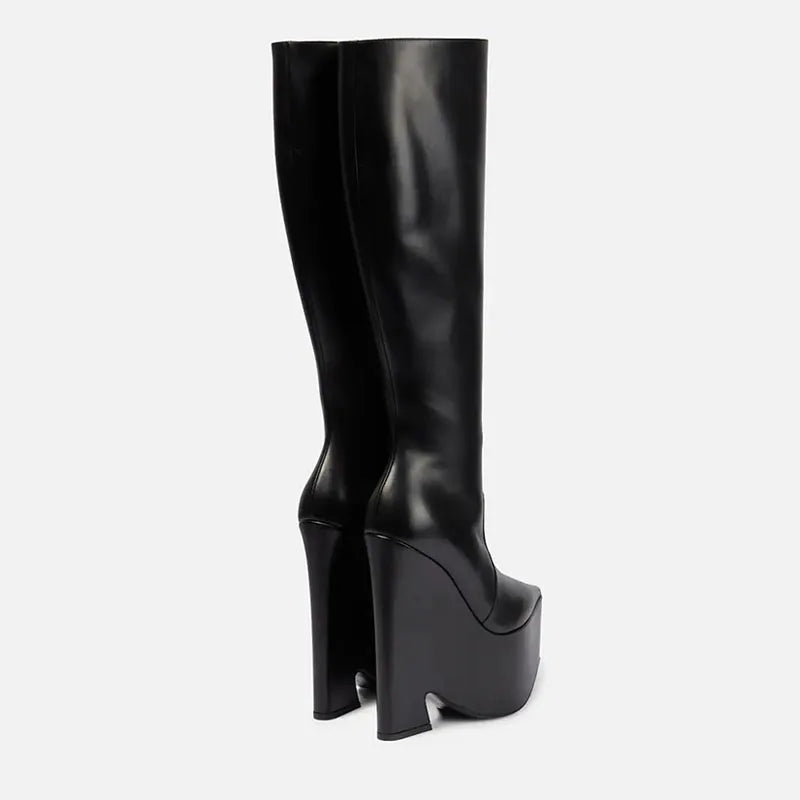 2025 New black platform knee high boots fashion Pointed toe skinny calf knee high boots Side zipper Riding boots