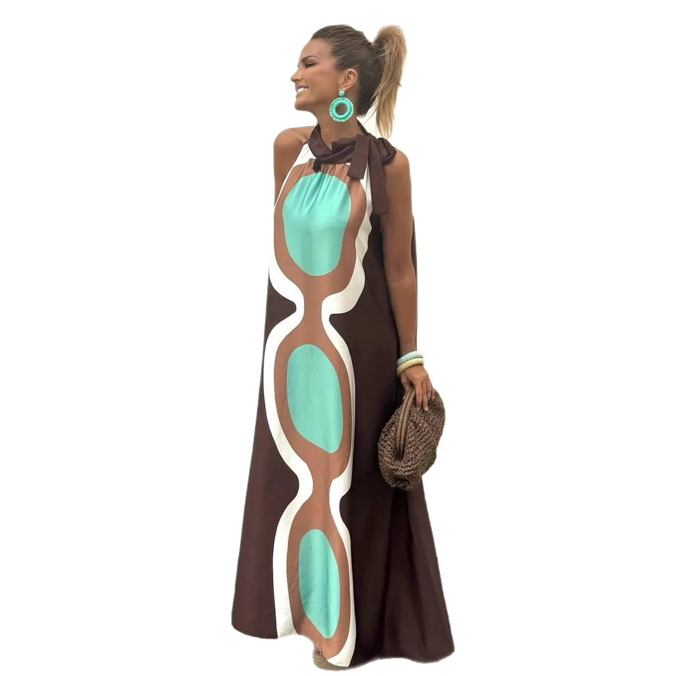 Casual Print Halter Neck Leace-up Long Dresses Women Summer New Vacation Style Loose Maxi Dress Female Vintage Commuting...