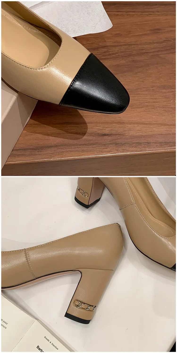 MKKHOU Fashion Shoes New High Quality Genuine Leather Shoes Color blocked Round Head Shallow Mouth High Heels Women's Shoes - Kimlud