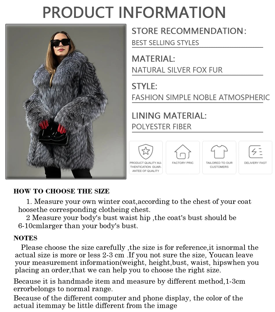 Natural Silver Fox Fur Coats With English Collar Women's Full Skin Fur Jacket Long Real Fox Fur Coat Best Seller Furry Jackets