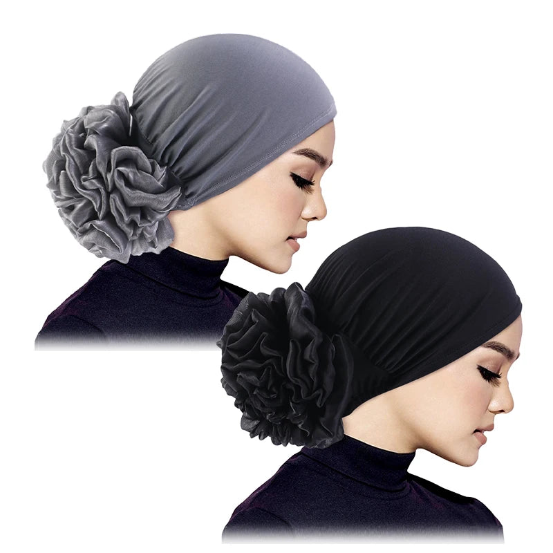 Women's Hijabs Turban Big Flower Elastic Cloth Hair Bands Hat Beanie Ladies Muslim Solid Hair Loss Scarf Cap Hair Accessories