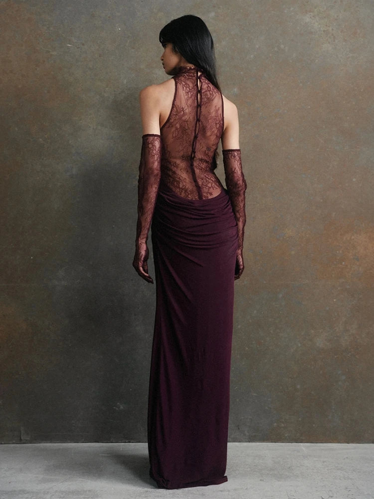 Sexy Sleeveless High Neck Lace Patchwork Long Dress with Gloves Women Black Hollow Out Buttons Evening Club Party Maxi...