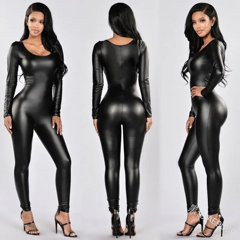 Women Sexy Tights Bodysuit PU Leather Black Long Sleeve Jumpsuit Female Leotard Lingerie Night Club Party Uniform - Kimlud