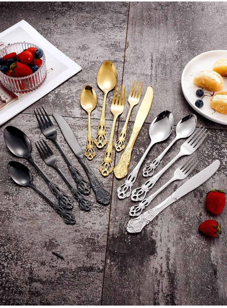 Golden Stainless Steel Cutlery Set Royal European Spoon Fork Complete Tableware Retro Design Dishwasher Safe Elegant...