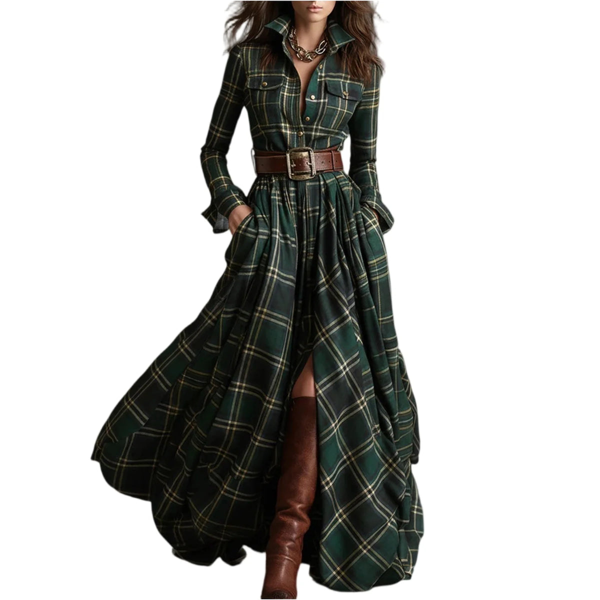 Retro Plaid Long Dresses Ladies Fashion Irregular Hem Slit Spring Autumn Long Sleeve Dress Western Style Buttons Shirt Dress New