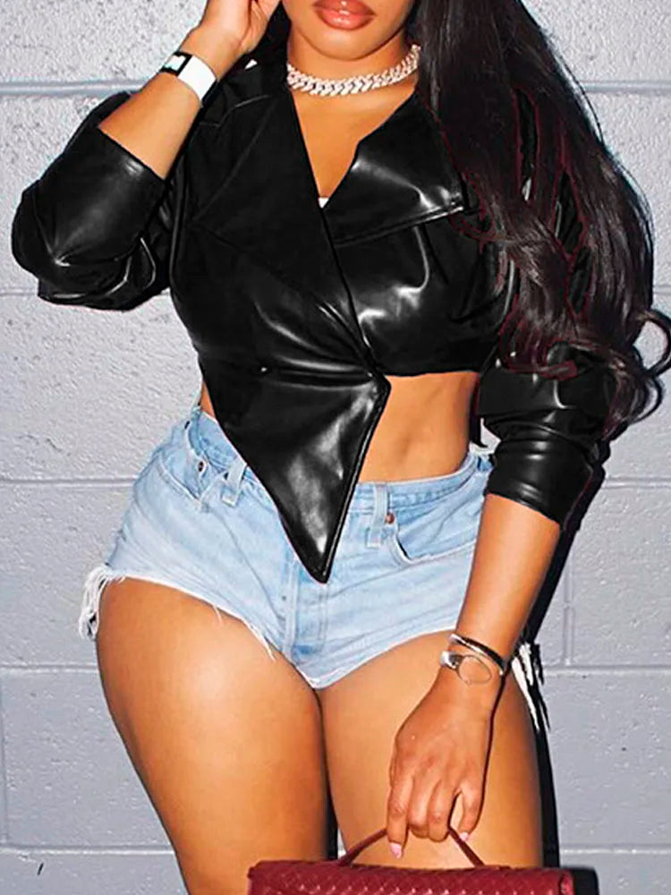 Yellow Sexy Off Shoulder PU Faux Leather Jackets for Women 2025 Autumn Spring Fashion Streetwear Lapel Long Sleeve Coat Female