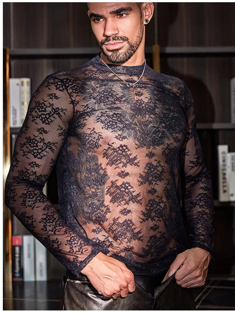 Lace Mesh Sheer See Through T-shirts for Men High Elastic Tight Thin Breathable Comfortable Tops Long Sleeves Fashion Blouse - Kimlud