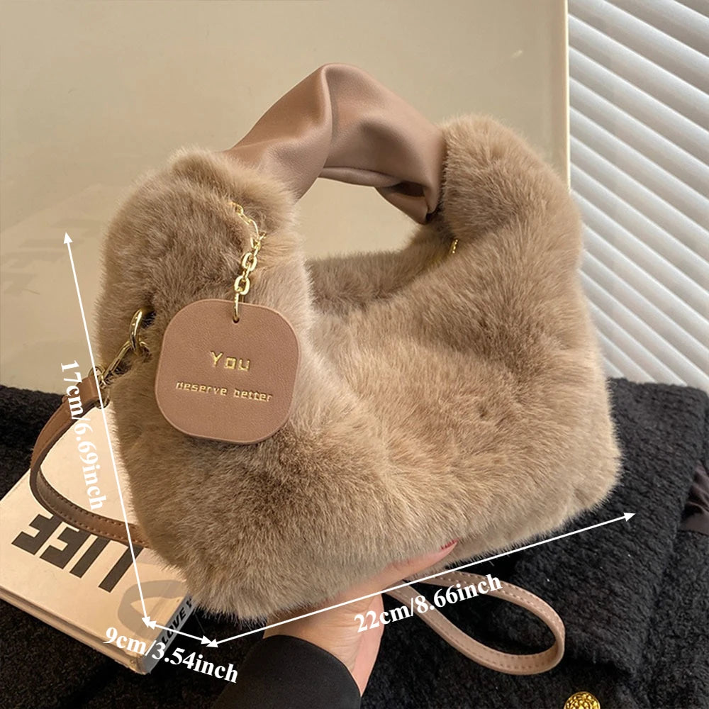 Fashionable Cute Plush Crossbody Bag for Women's Solid Color Soft Fluffy Handbag Autumn Winter Soft Plush Shoulder Bag