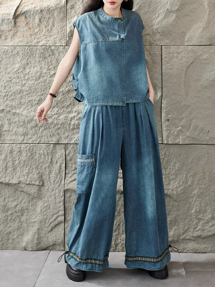 Amax LuluE Korean Summer Women Vintage 2 Pieces Sets Denim Suits Soild O Neck T-Shirts Fashion Jeans Causal Pants Loose Outfits - Kimlud