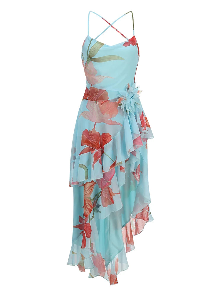 Sexy Spaghetti Strap Floral Printed Split Ruffles Long Dress Women Sleeveless Backless 3D Flower Dresses Summer Holiday Party