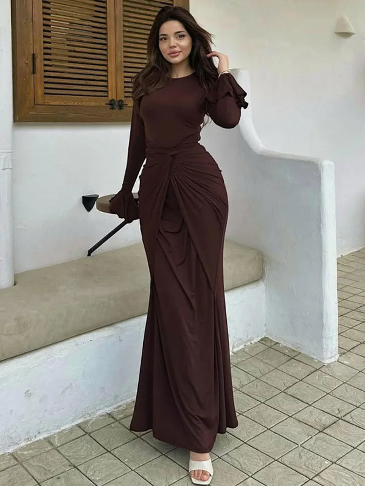 Mozision Flare Long Sleeve Draped Sexy Maxi Dress Women Gown Elegant O Neck High Waist Bodycon Club Party Long Dresses Female