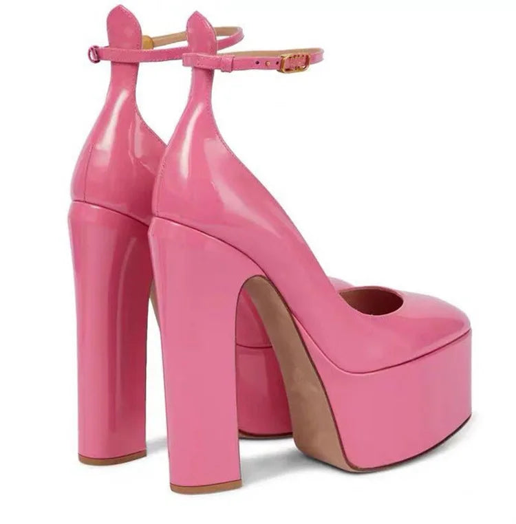 Women New European And American Style Super High Heels Patent Leather Round Toe Thick Sole Large Size Thick Heel Shoes