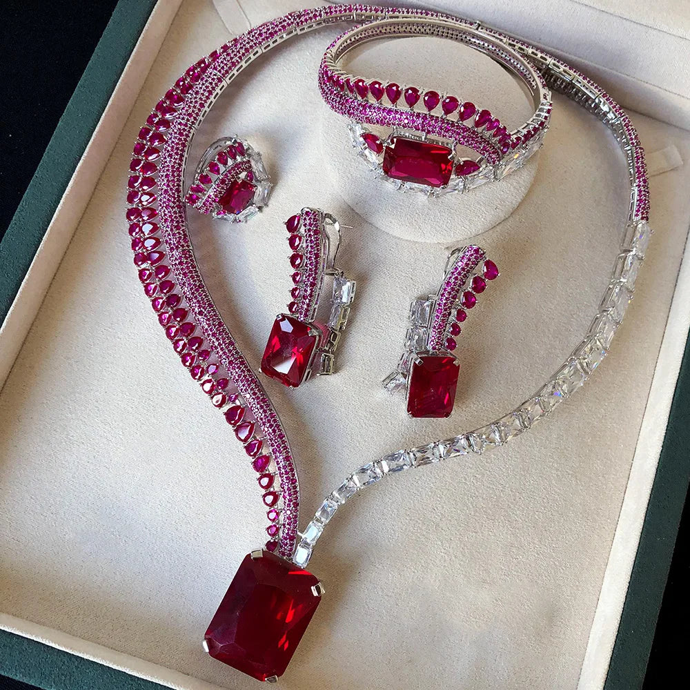 GODKI New Trendy 4PCS Pink Multi Luxury Feather Jewelry Set For Women Wedding Party Zircon Crystal Dubai Bridal Necklace Gift